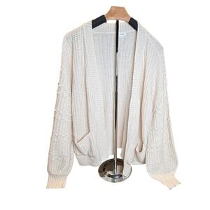 Blu Pepper Cream Cable Knit Balloon Sleeve Open Front Cardigan Sweater Size S
